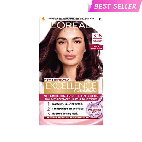 Buy L’Oreal Paris New Excellence Creme Hair Color With Hyaluronic Acid | 3X Richer Color, 10X Moisture | 100% Grey Coverage | Shade 3.16 | Burgandy, 60 gm + 60 ml + 12 ml + 40 gm-Purplle