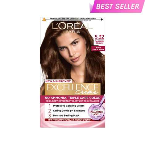 Buy L’Oreal Paris New Excellence Creme Hair Color With Hyaluronic Acid | 3X Richer Color, 10X Moisture | 100% Grey Coverage | Shade 5.32 | Caramel Brown, 60 gm + 60 ml + 12 ml + 40 gm-Purplle