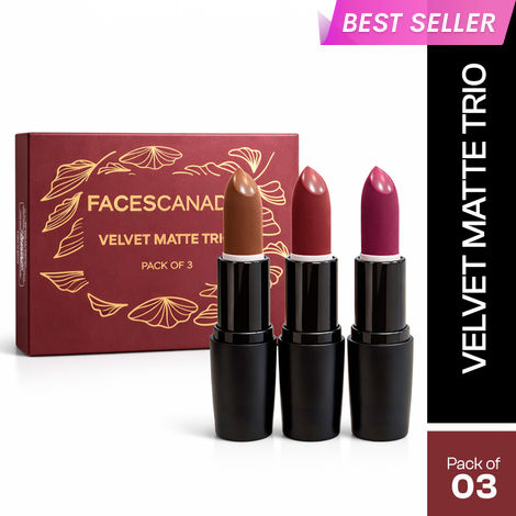 Buy FACES CANADA Velvet Matte Trio | Velvetty Matte Finish | Long Lasting | Rich Pigment | Smudge - Proof | Smooth Finish | Nourishes & Keeps Lips Soft Pack of 3-Purplle