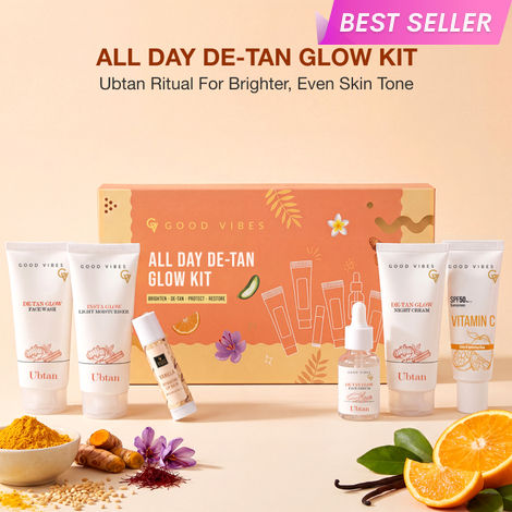 Buy Good Vibes All Day De-Tan Glow Kit | Ubtan for Instant Glow & De-Tan Care kit | for Bright, Even & Tan-Free Skin | SPF 50 Sun Protection | Complete Daily Ubtan Ritual| All Skin Types Pack of 6-Purplle
