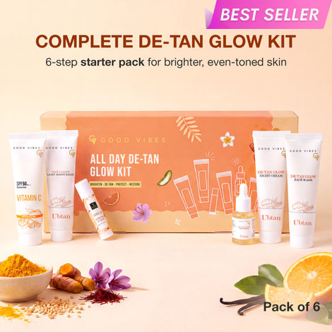 Buy Good Vibes All Day De-Tan Glow Kit | Ubtan for Instant Glow & De-Tan Care kit | for Bright, Even & Tan-Free Skin | SPF 50 Sun Protection | Complete Daily Ubtan Ritual| All Skin Types Pack of 6-Purplle