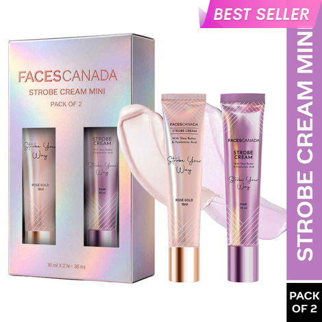 Buy FACES CANADA Strobe Cream Mini - Rose Gold + Pink (18 ml x 2) | Primer + Highlighter + Moisturizer | Shea Butter & Hyaluronic Acid | Intense Hydration | Flawless Radiant Dewy Skin | Illuminating & Glowing Makeup Base | Pack of 2-Purplle