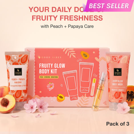 Buy Good Vibes Fruity Glow Body Kit | AHA BHA, Peach & Papaya | 3-Step Daily Glow Ritual | Body Wash, Body Lotion & Perfume | Pack of 3-Purplle