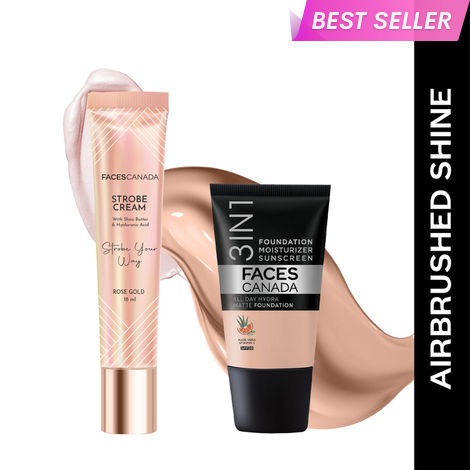 Buy FACES CANADA Airbrushed Shine Combo - All Day Hydra Matte Foundation - Rose Ivory 011 (18 ml) + Strobe Cream - Rose Gold (18 ml) | Illuminating & Glowing Makeup Base | 10HR Long Wear-Purplle