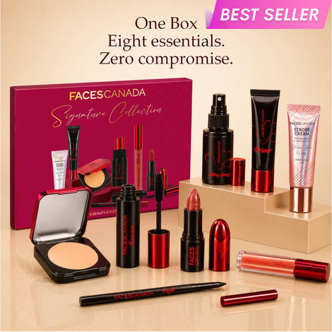 Buy Faces Canada Signature Collection - Strobe Cream(10 ml) + Setting Spray(30 ml) + Primer(12 ml) + Mascara(6 ml) + Compact(10 gm) + Blush(2.6 ml) + Lipstick(4.2 gm) + Kajal(0.30 gm) Pack of 8-Purplle