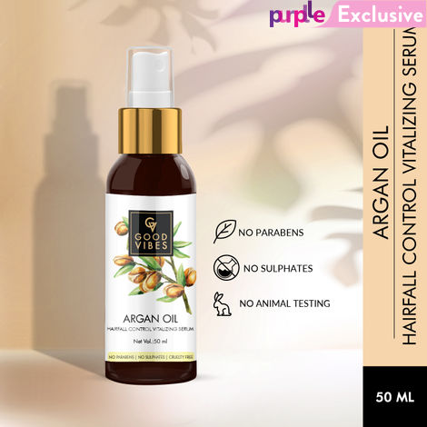 Buy Good Vibes Argan Oil Hairfall Control Vitalizing Serum | Frizz Control, Shine, Stregthening | No Parabens, No Sulphates, No Animal Testing (50 ml)-Purplle