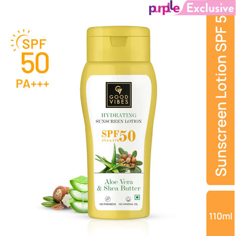 Buy Good Vibes Aloe Vera & Shea Butter Hydrating Sunscreen Lotion SPF 50, Skin Moisturizing | Vegan, No Parabens, No Mineral Oil, No Silicones (110 ml)-Purplle