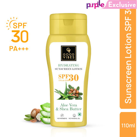 Buy Good Vibes Aloe Vera & Shea Butter Hydrating Sunscreen Lotion SPF 30, Skin Moisturizing | Vegan, No Parabens, No Mineral Oil, No Silicones (110 ml)-Purplle