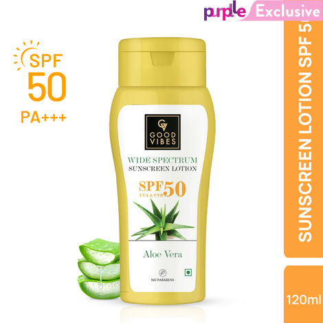 Buy Good Vibes Aloe Vera Wide Spectrum Sunscreen Lotion SPF 50 | Non-Greasy, Anti-Ageing | Nourishing | No Parabens, No Animal Testing (120 ml)-Purplle