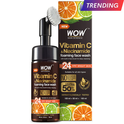 Buy WOW Skin Science Vitamin C Foaming Face Wash for Skin Brightening, Age Spots And reduce fine lines - with Built-In Face Brush - 100mL + 50mL = 150mL-Purplle