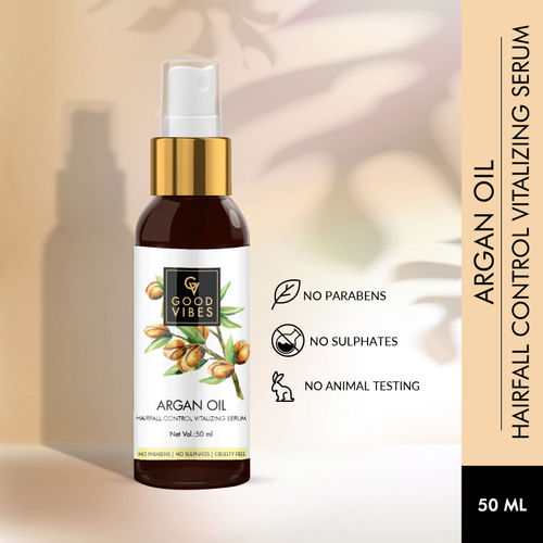 Good Vibes Argan Oil Hairfall Control Vitalizing Serum | Frizz Control, Shine, Stregthening | No Parabens, No Sulphates, No Animal Testing (50 ml)