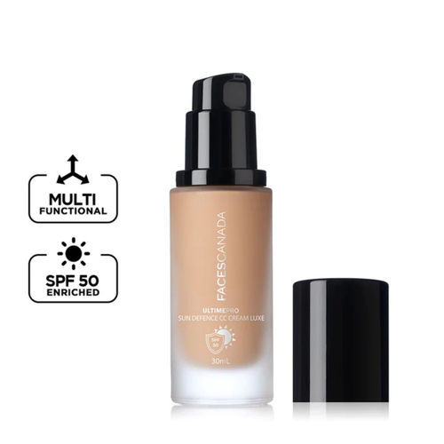 FACES CANADA Ultime Pro Sun Defense CC Cream Luxe SPF 50 - Ivory, 30 ml | Brightens Dull Complexion | Improves Skin Texture | Sun Protection with UVA-UVB Filters | Water Based Oil-Free Formula