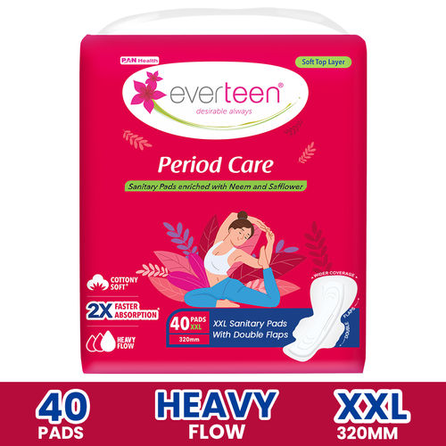 everteen Period Care XXL Soft 40 Sanitary Pads 320mm with Double Flaps enriched with Neem and Safflower - 1 Pack (40 Pads)