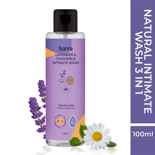 Sanfe Natural Intimate Wash, 3 In 1 - No Odour, No Itching, No Irritation (Lavender and Chamomile) (100ML Wash) | Feminine Wash | Intimate Hygiene | Dermatologically Tested | Chemical Free (Multicolor)