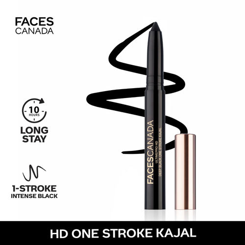 FACES CANADA Ultime Pro HD Deep Black One Stroke Kajal, 1.4 gm | Smooth Lightweight Intense Black HD Finish | 10HR Longstay | Rice Bran Wax | Castor Oil | Waterproof | Sweatproof | Built-In Sharpener