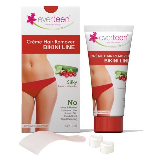 everteen SILKY Hair Removal Cream with Cranberry and Cucumber for Bikini Line & Underarms in Women and Girls | No Harsh Smell, Skin Darkening or Rashes | 1 Pack 50 g with Spatula and Coin Tissues