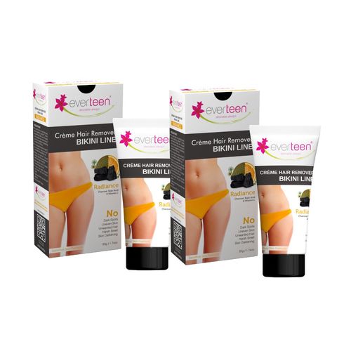 everteen RADIANCE Hair Removal Cream with Charcoal, Kojic Acid and Vitamin C for Bikini Line & Underarms in Women and Girls | No Harsh Smell, Skin Darkening or Rashes | 2 Pack 50g Each with Spatula and Coin Tissues