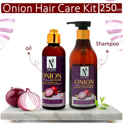 NutriGlow NATURAL'S Combo of 2 Onion Hair Shampoo (300 ml) & Hair Oil (100 ml) For Anti Dandruff/ Damage Repair