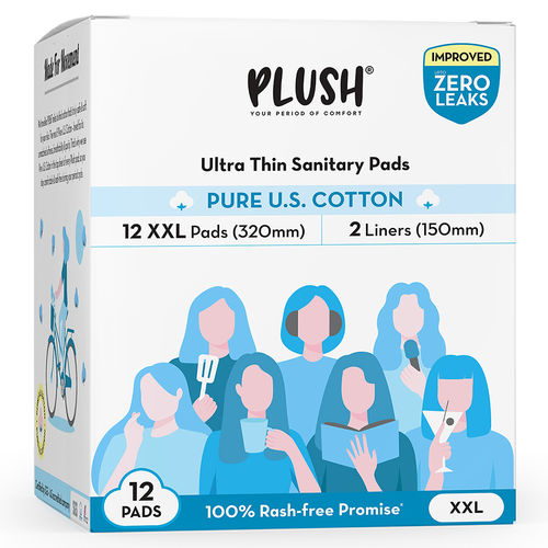 PLUSH Ultra-Thin XXL Sanitary Pads for Women, 12 Pcs | For Light-Medium Flow | 2 Panty Liners | 100% Rash-Free | Pure U.S. Cotton Sanitary Napkins