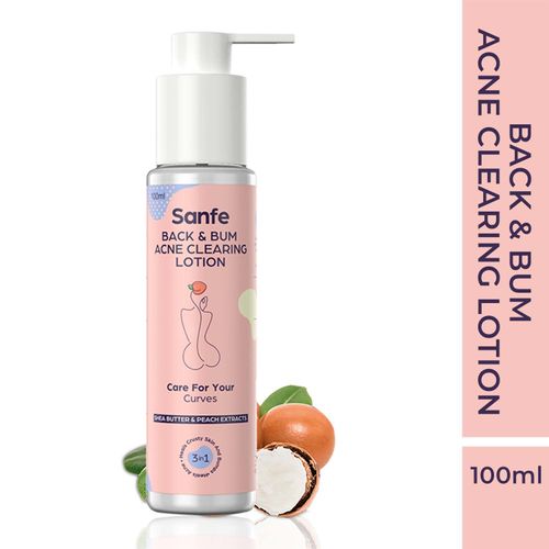 Sanfe Back & Bum Acne Clearing Lotion with Shea Butter & Peach extracts for healing Bum acne & crusty skin - 100ml | Deeply hydrates the skin | Prevents bum acne | Parabens & Minerals free