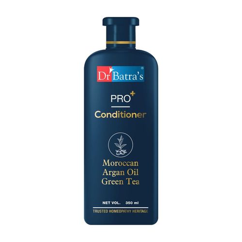 Dr Batra`s PRO+ Conditioner. Contains Moroccan Argan Oil Green Tea Castor Oil Horsetail plant Thuja Extracts. Restores Shine. Softens Dry Ends. Improves Hair Texture. Sulphate Paraben Silicone Free. Suitable for men and women. 350 ml