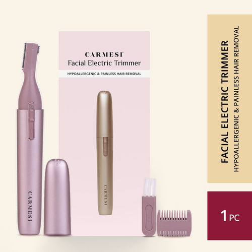 Carmesi Facial Electric Trimmer for Women | Hypoallergenic and Painless Hair Removal | 2 Blades Sizes | Eyebrow Comb and Cleaning Brush | Rose Gold