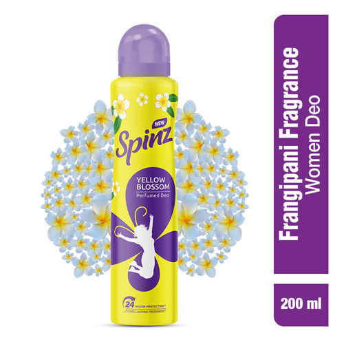 New Spinz Yellow Blossom Perfumed Deo for Women, with Fresh Firangipani Fragrance for Long Lasting Freshness and 24 Hours Protection, 200ml
