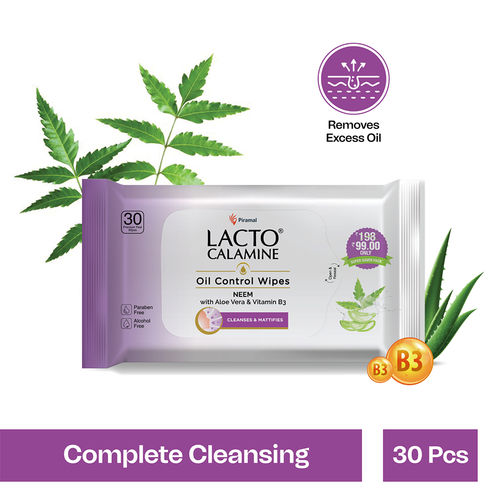 Lacto Calamine Oil Control Wipes with Neem, Vitamin B3 and Aloe Vera – No Parabens Alcohol Free, 30 Wipes