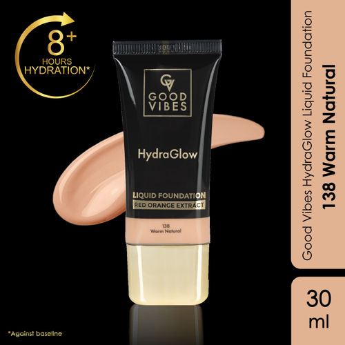 Good Vibes HydraGlow Liquid Foundation with Red Orange Extract - 138 Warm Natural | 8+ Hours Hydration | Natural to Buildable Coverage | Lightweight Comfort | Silky Smooth Finish (30 ml)