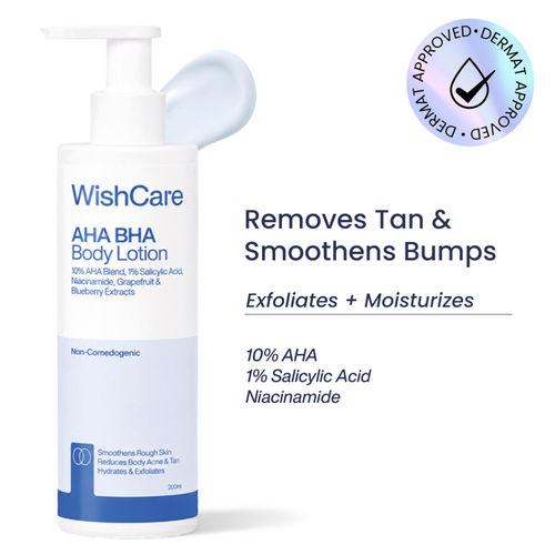 WishCare 10% AHA + 1% BHA Exfoliating Body Lotion|Provides Deep Hydration, Detans & Smooths Rough Skin&nbsp;|Dermat Approved|Salicylic Acid, Niacinamide, Grapefruit & Blueberry|For All Skin Types|200 ml