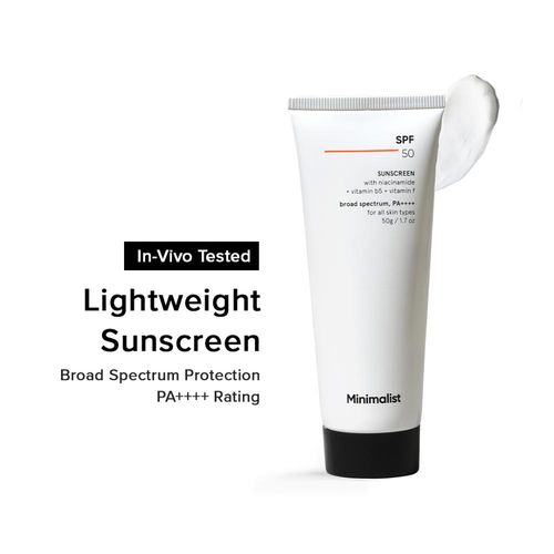 Minimalist SPF 50 Sunscreen with niacinamide + vitamin b5 + vitamin f, broad spectrum, PA++++ for all skin types, 50 gm
