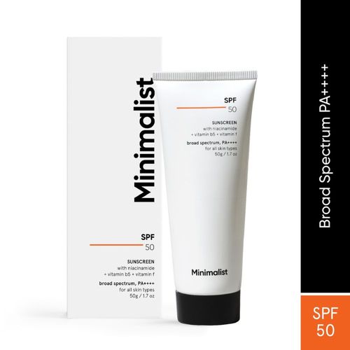 Minimalist SPF 50 Sunscreen with niacinamide + vitamin b5 + vitamin f, broad spectrum, PA++++ for all skin types, 50g