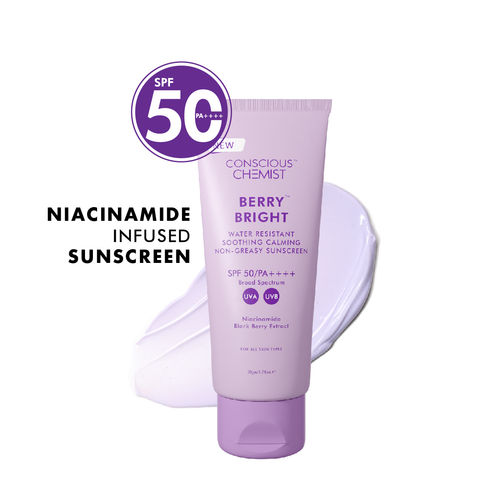 Conscious Chemist Berry Bright Water Resistant Sunscreen | Sunscreen SPF 50 PA++++ | 50 gm | Sunscreen for Oily Skin, Niacinamide Sunscreen with Black Berry Extract, Hybrid Lightweight, Water Resistant, All Skin Types
