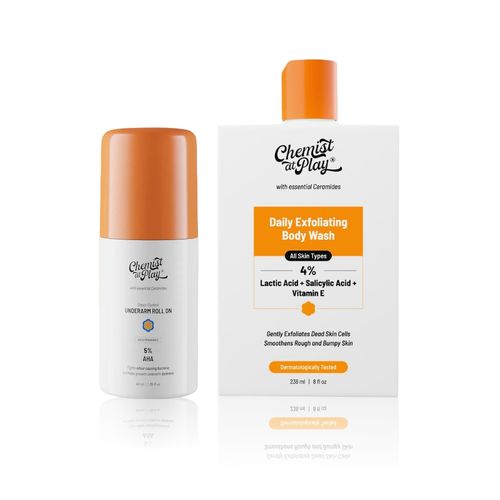 Chemist at Play UnderArm Roll On with 4% Lactic Acid & 1% Mandelic Acid, Aqua Fragrance + Exfoliating Body Wash with Ceramides 2% Lactic Acid + 2% Zemea + 0.5% Vitamin E | 40 ml + 236 ml