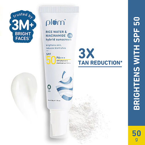 Plum 2% Niacinamide & Rice Water Hybrid Face Sunscreen with SPF 50 PA+++ | No White Cast - 50 gm