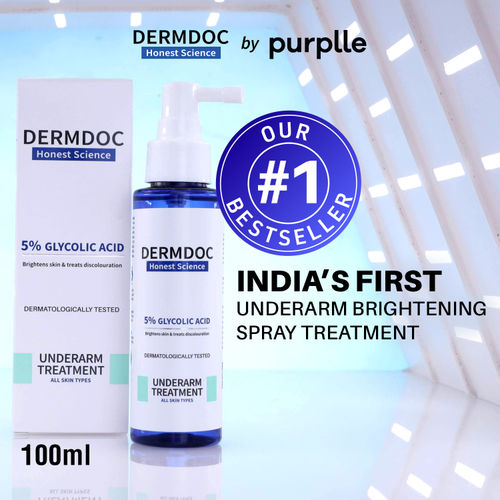 DERMDOC by Purplle 5% Glycolic Acid Underarm Brightening Spray Treatment (100 ml) | Exfoliating & Brightening | Multi-Purpose Spray for Hyperpigmentation, Dark Spots, Dark Neck, Dark Underarms & Strawberry Legs