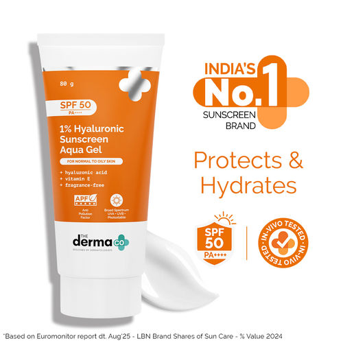 The Derma Co. 1% Hyaluronic Sunscreen Aqua Gel with SPF 50 & PA++++ for Broad Spectrum & Blue Light Protection - 80 gm| In-Vivo Tested