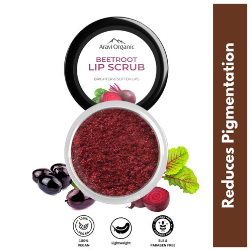 Aravi Organic Beetroot Lip Scrub With Beetroots, Shea Butter & Cocoa Butter - For Dark,Chapped & Pigmented Lips - For Brightening Dark Lips - For Men and Women - 15 gm