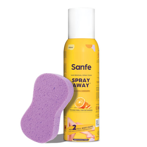 Sanfe Painless & Detan Hair Removal Spray Foam - 200 ml | For Chest, Legs, Arms & UnderArm | Removes Hair in 10 Minutes with Skin Detan | Orange Peel, Aloevera, Vitamin E & Niacinamide