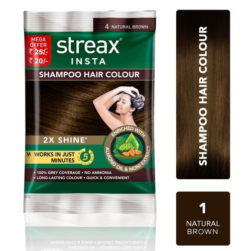 Streax Insta Shampoo Hair colour for 100% Grey Coverage, Natural Brown, 18 ml