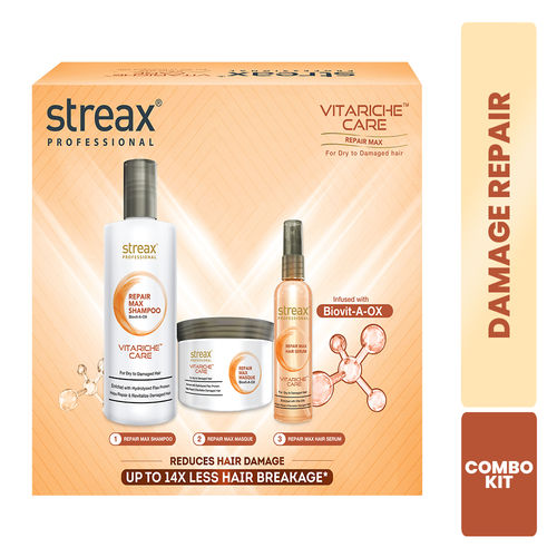 Streax Professional Vitariche Care Repair Max Combo (Shampoo + Mask + Serum) (300 ml + 200 gm + 100 ml)
