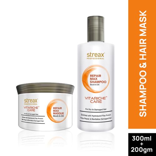 Streax Professional Vitariche Care Repair Max Shampoo + Mask Combo (300 ml + 200 gm)