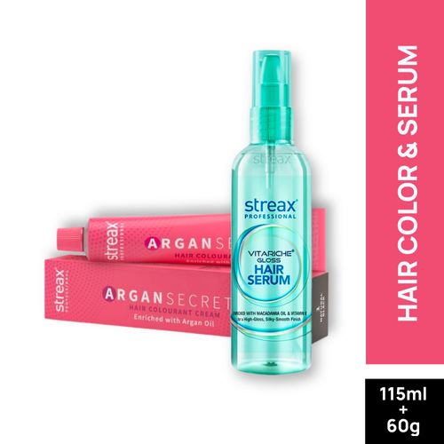 Streax Professional Vitariche Gloss Hair Serum + Argan Secret Hair Colourant Cream - Natural Black 1 (115 ml + 60 g )