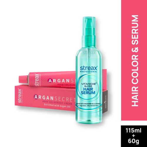 Streax Professional Vitariche Gloss Hair Serum + Argan Secret Hair Colourant Cream - Soft Black 2 (115 ml + 60 g )