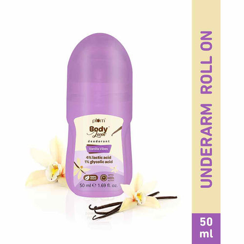 Plum BodyLovin' Vanilla Vibes Deodorant Roll On | 4% Lactic Acid & 1% Glycolic Acid | Controls Odor & Fades Underarm Darkness | 48 Hr Freshness| Warm Vanilla Fragrance | Aluminium-Free (50 ml)