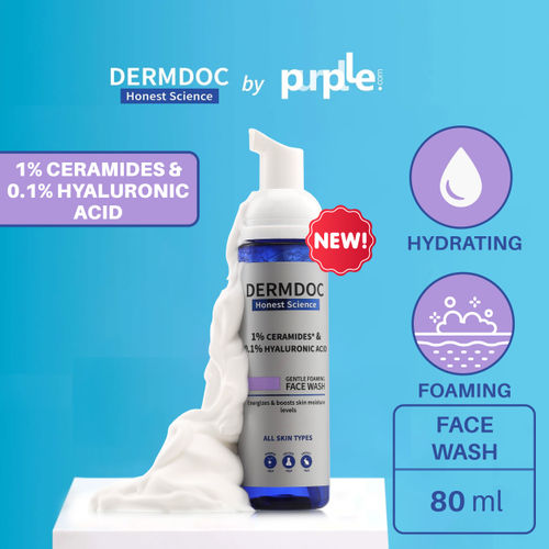 DERMDOC by Purplle 1% Ceramides * & 0.1% Hyaluronic Acid Gentle Foaming Face Wash (80 ml) | face wash for dry skin | hydrating face wash | foaming cleanser