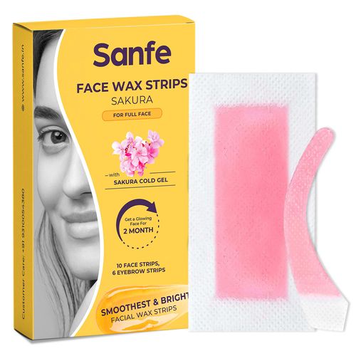 Sanfe Facial Wax Strips Sakura | Precise Hair Removal For Eyebrows, Upper Lips, Forehead, Chin & Sideburns | Sakura Cold Gel & Glycerin | No Heating Required | For Complete Face Waxing | Salon Like Results | 10 Face Strips & 6 Eyebrow Strips