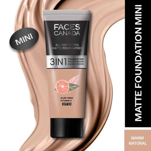 FACES CANADA All Day Hydra Matte Foundation (Mini) | 3IN1 Foundation + Moisturizer + SPF30 | 10HR Long Wear | Buildable Coverage | Warm Natural, 15ml