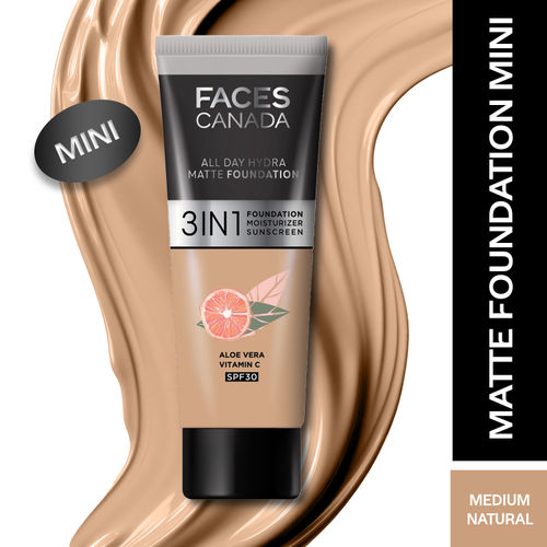 FACES CANADA All Day Hydra Matte Foundation (Mini) | 3IN1 Foundation + Moisturizer + SPF30 | 10HR Long Wear | Buildable Coverage | Medium Natural, 15ml