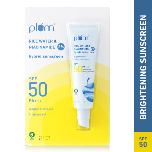 Plum 2% Niacinamide Sunscreen SPF 50 PA+++ With Rice Water - No White Cast, Brightens, Dermat-Tested 50g